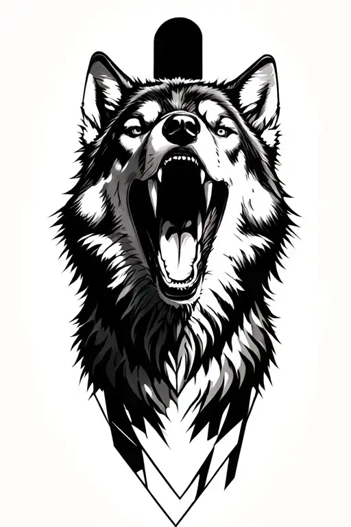 A dramatic and intense tattoo design featuring a realistic howling wolf facing upward, mouth open in a powerful scream.  tattoo design idea