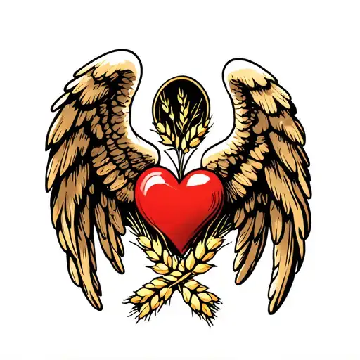 angel wings flying with a heart coinnecting wings to wards the bottom of it and sprigs of wheat laying crossed over wing tattoo design idea