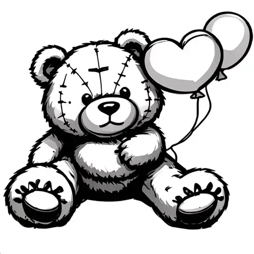 Bear stuffed animal with stitches holding a balloon heart  tattoo design idea
