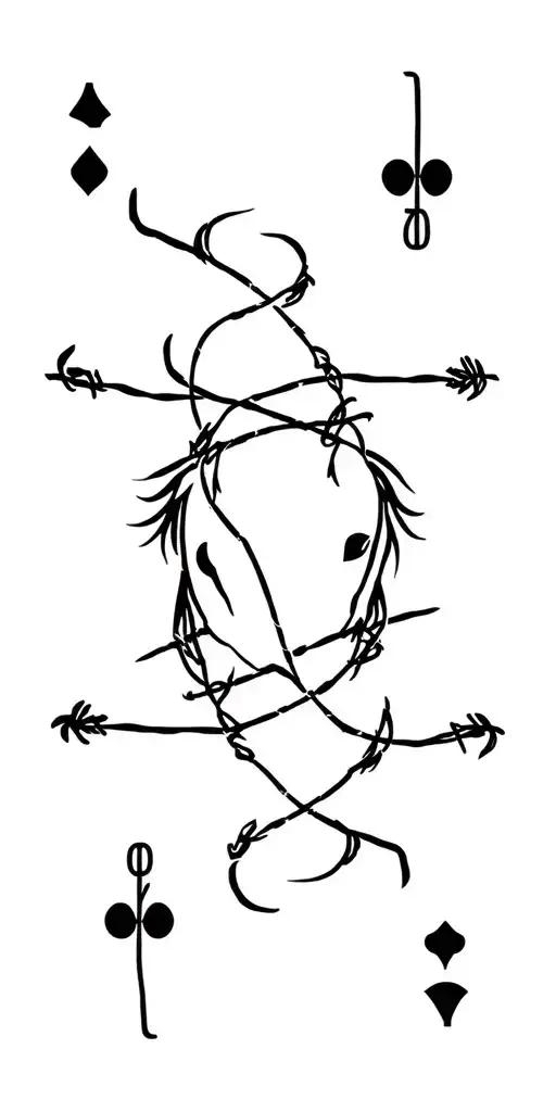 western style , playing cards, horses, barb wire wrapped tattoo design idea