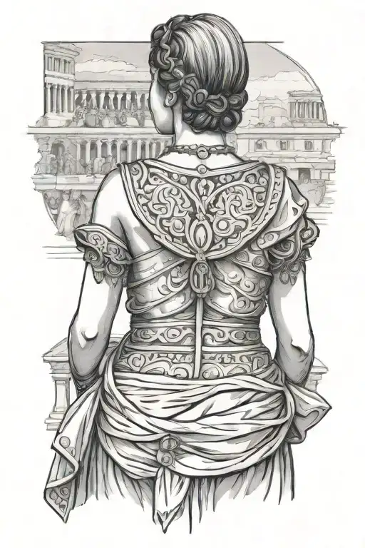 woman in ancient Roman dress from behind with a crowd tattoo design idea