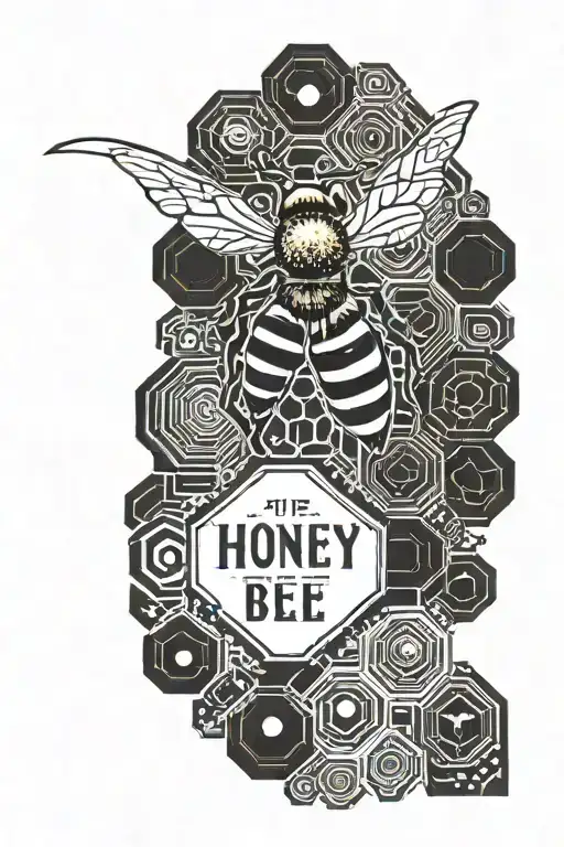 side view of honey bee in flying with text, "Apis Mellifera" around the image. Honeycomb pattern in the background tattoo design idea