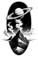 smoke forming saturn on top of a mountain peak tattoo design idea