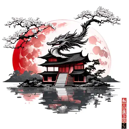 cherry blossom tree Japanese dragon wrapped red moon Japanese house and bright with a half samurai half onie stand lake  tattoo design idea