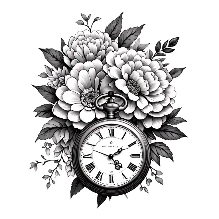 pretty pocket watch surrounded by peonies and chrysanthemums  tattoo design idea