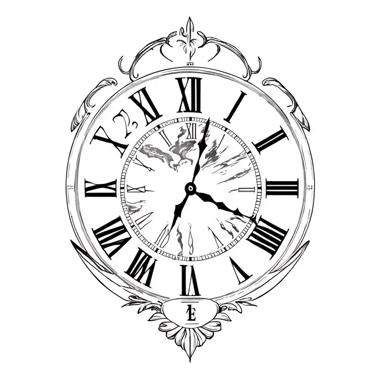 clock with Roman numerals pointing the the time 7:27 and 12 sec with a storm type design in the back tattoo design idea