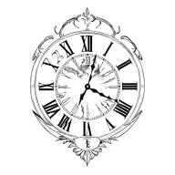 clock with Roman numerals pointing the the time 7:27 and 12 sec with a storm type design in the back tattoo design idea