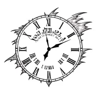 clock with Roman numerals pointing the the time 7:27 and 12 sec with a storm type design in the back tattoo design idea