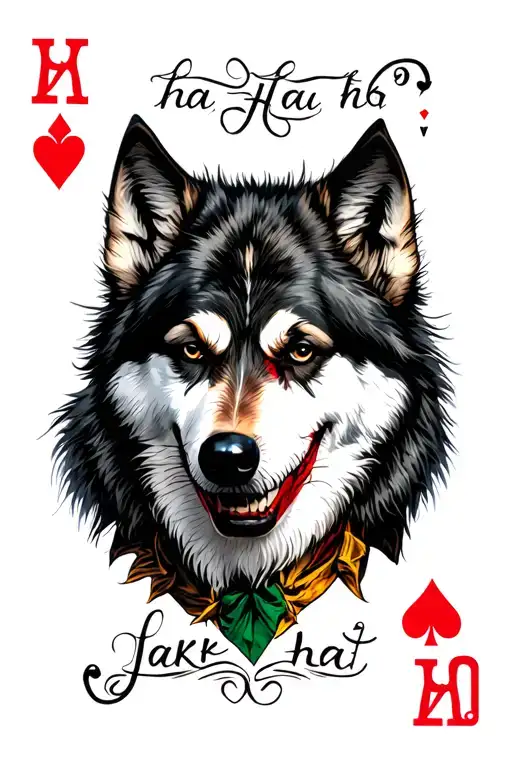 jack card and joker card featuring "ha ha ha" written, dog's paw, cybeertroian writing, a wolf tattoo design idea