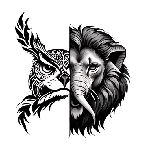 tribal design lion face, owl face, elephant face, half sleeve arm tattoo design idea