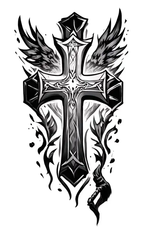sleeve tattoo of a cross and linkin park logo tattoo design idea