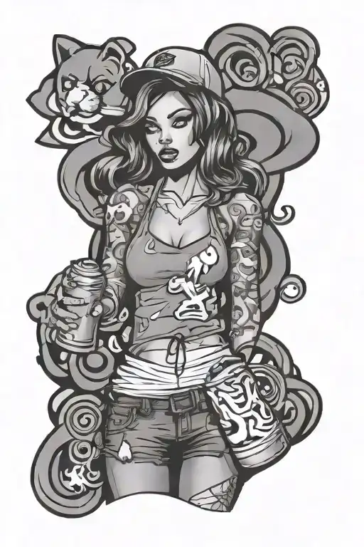 sexy cartoon girl holding spray can doing graffiti style mural tattoo design idea