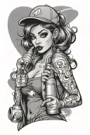 sexy cartoon girl holding spray can doing graffiti style mural tattoo design idea