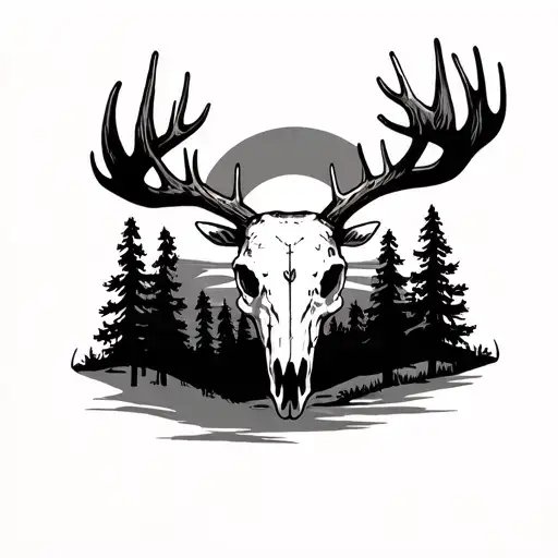 elk skull, pine trees, sunset, clock tattoo design idea