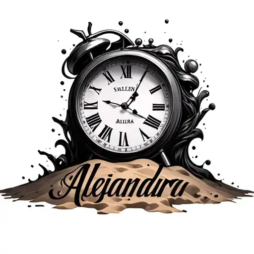 Amazing clock, on top the name Alejandra in the lower part Marlen forming with the sand that falls tattoo design idea