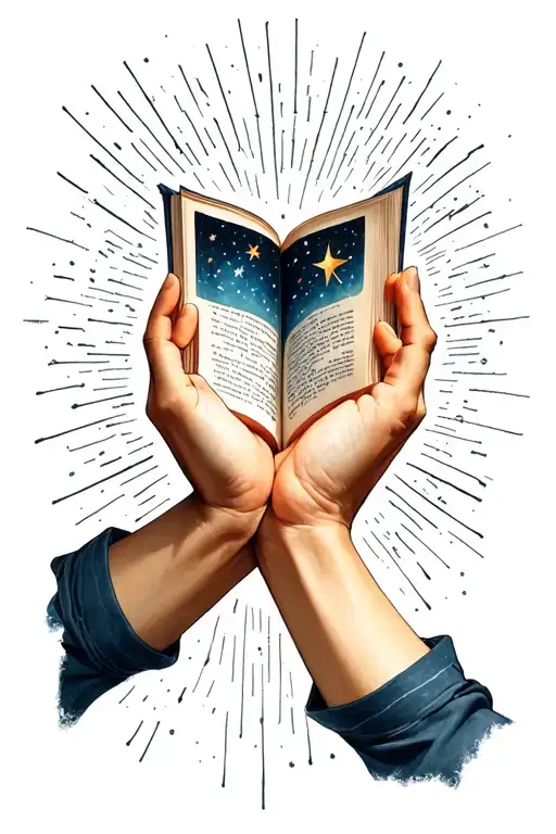 cupped hands where stars emerge and an open book tattoo design idea