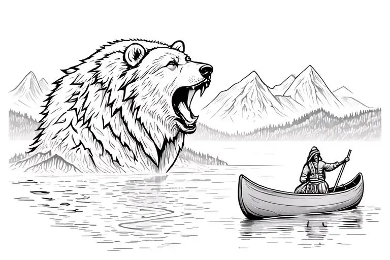 bear head roaring and wolf howling sides, mountains in background, lake with one native american in canoe in foreground tattoo design idea