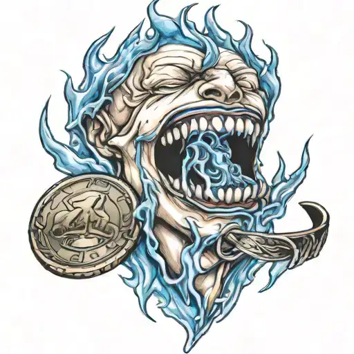 mouth with blue flames and a ace coin on its thong  tattoo design idea