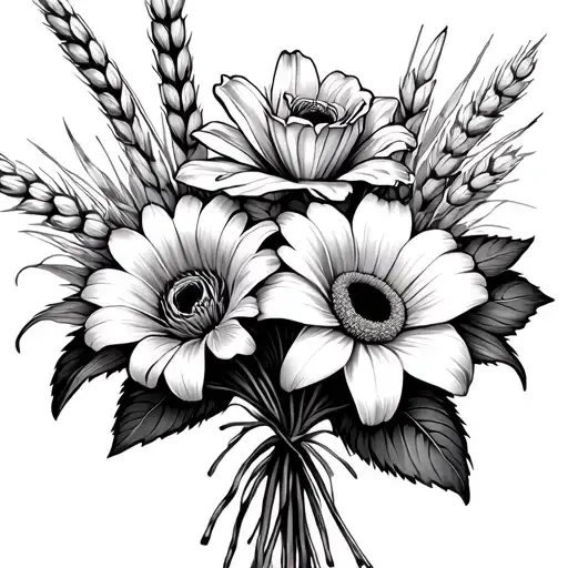 Bouquet of flowers with lily, rose Alstronomia wheat ear and gerbera tattoo design idea