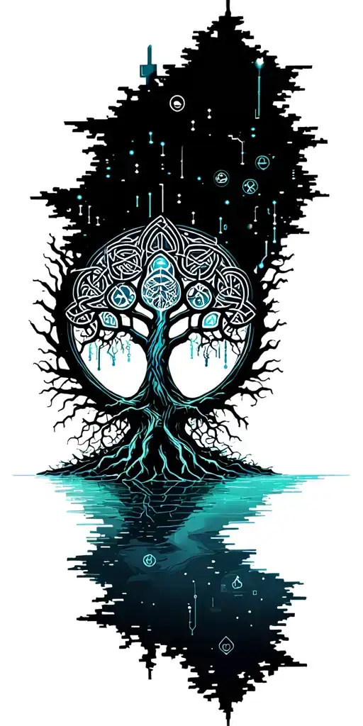 Celtic tree of life with roots growing into a lake tattoo design idea