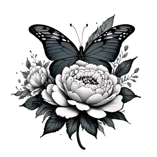 half butterfly half peonie flowers tattoo design idea