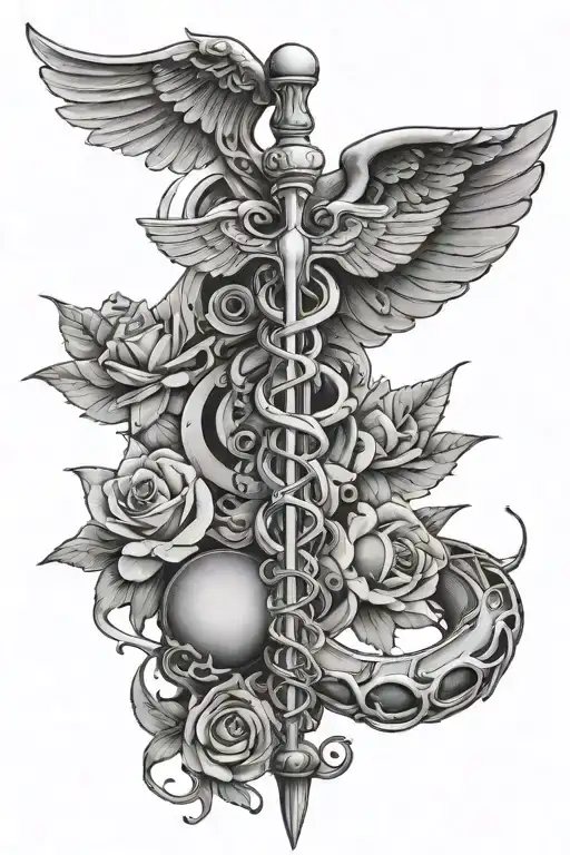 caduceus on top of top surgery scars tattoo design idea