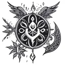 Create a tattoo that fuses addiction recovery symbols with mystical art spells in black-grey style tattoo design idea