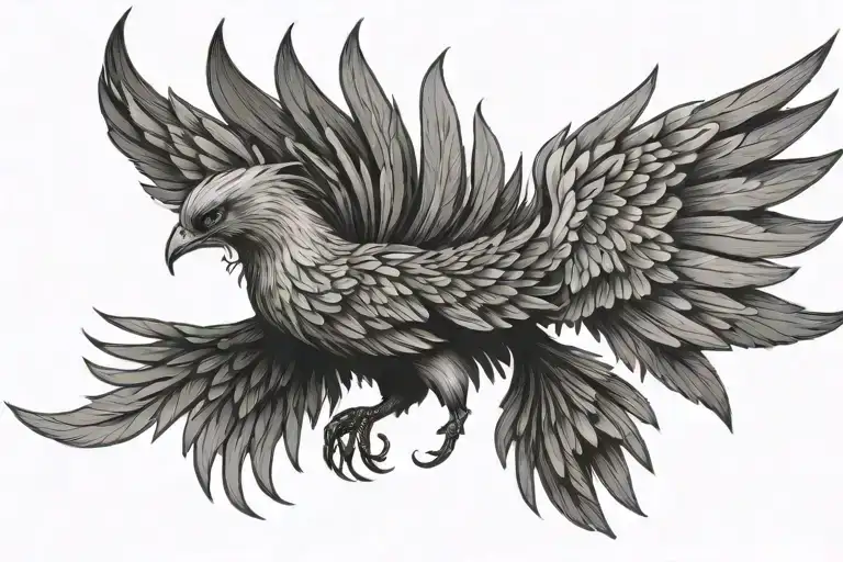 a phoenix with wings spread wide with a person sitting cross-legged under each wing tattoo design idea
