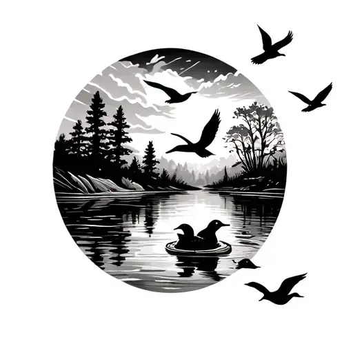 Generate me a black and white tattoo stencil sleeve with ducks in a pond and flying with trees in the background  tattoo design idea
