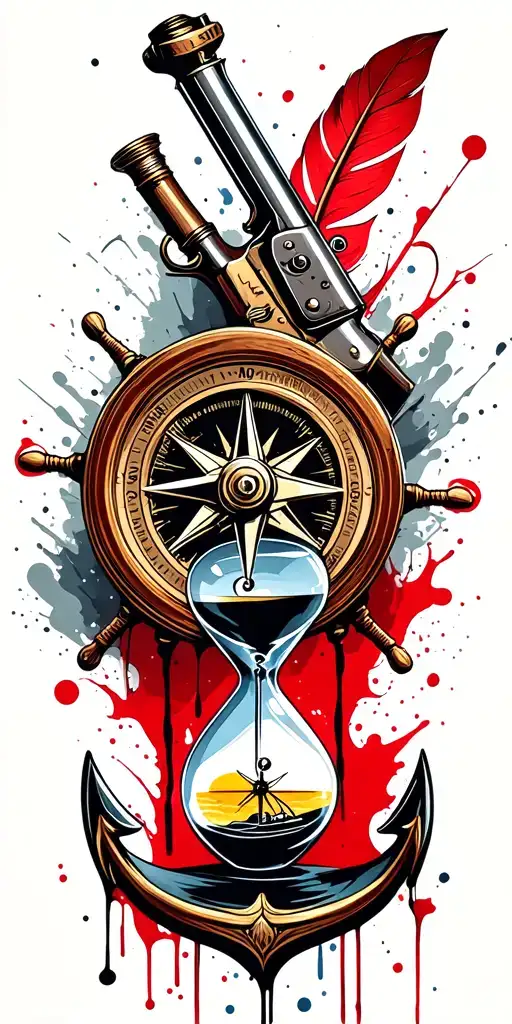 US Navy flintlock pistol, a quill pen, a nautical compass, a fouled anchor, a ship's wheel, and an hourglass tattoo design idea