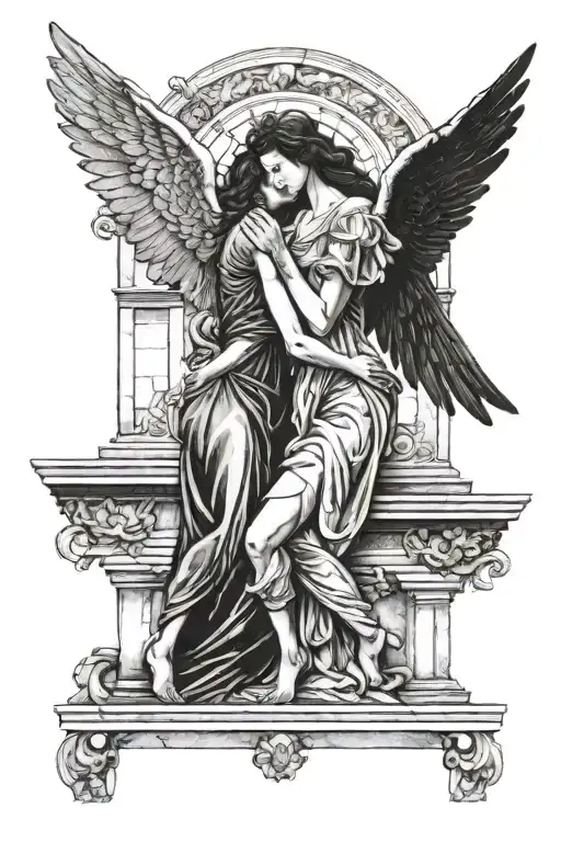 female angel kisses another female angel infront of a broken antique building  tattoo design idea