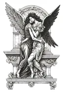 female angel kisses another female angel infront of a broken antique building  tattoo design idea