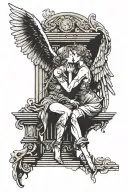 female angel kisses another female angel infront of a broken antique building  tattoo design idea