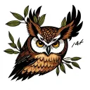 owl head shot by arrows. include olive branches and eye with number 14 tattoo design idea
