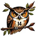 owl head shot by arrows. include olive branches and eye with number 14 tattoo design idea