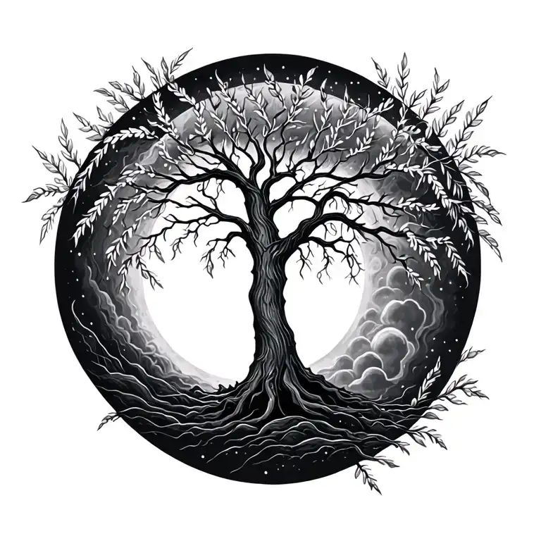 moon sun willow tree tattoo design idea