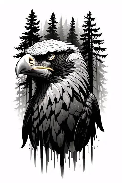 Forrest Trees with Eagle Face outline tattoo design idea