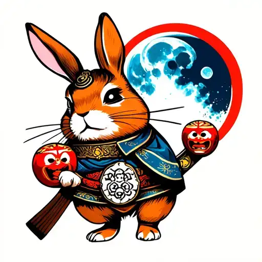 Japanese samurai rabbit with daruma and blue moon tattoo design idea