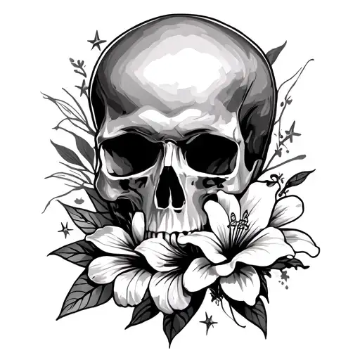 a half sleeve tattoo with a side view of a skull above the wrist with lillies hibiscus lotus small lines with stars  tattoo design idea