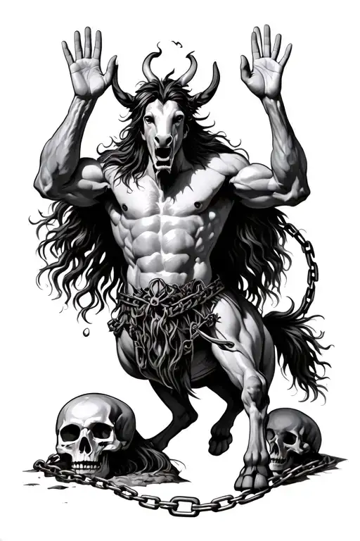 a centaur, stepping on skulls, chained on his feet, raising his hands to the sky tattoo design idea