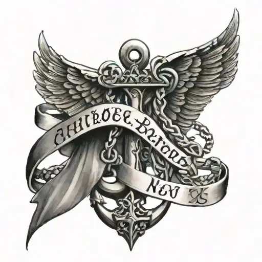 navy anchor with chains wrapped around it,  angel wings background and the quote anchored in honor on a ribbon  tattoo design idea