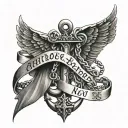 navy anchor with chains wrapped around it,  angel wings background and the quote anchored in honor on a ribbon  tattoo design idea