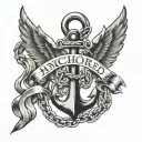 navy anchor with chains wrapped around it,  angel wings background and the quote anchored in honor on a ribbon  tattoo design idea