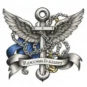 navy anchor with chains wrapped around it,  angel wings background and the quote anchored in honor on a ribbon  tattoo design idea