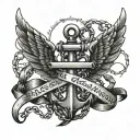 navy anchor with chains wrapped around it,  angel wings background and the quote anchored in honor on a ribbon  tattoo design idea
