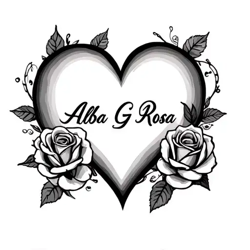 heart with roses around it with the wording of "Alba G Rosa" tattoo design idea