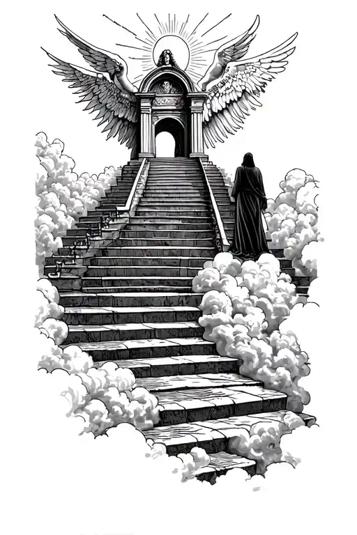 Stairway To Heaven Walking Up Stairs Angels Sun Rays Clouds Heaven Gate At The Top Of The Stairs Tattoo tattoo design idea