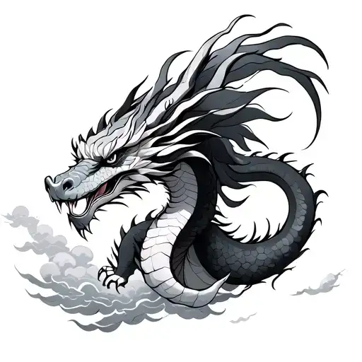 japanese dragon flying with clouds surrounding tattoo design idea
