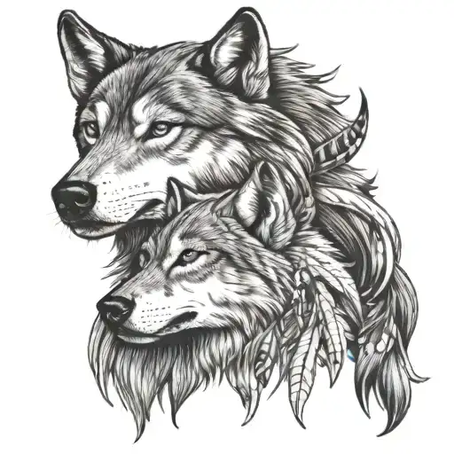 Wolf with american native woman tattoo design idea