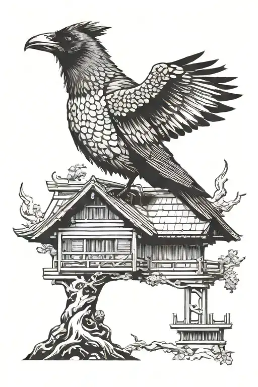 crow on a Japanese house tattoo design idea